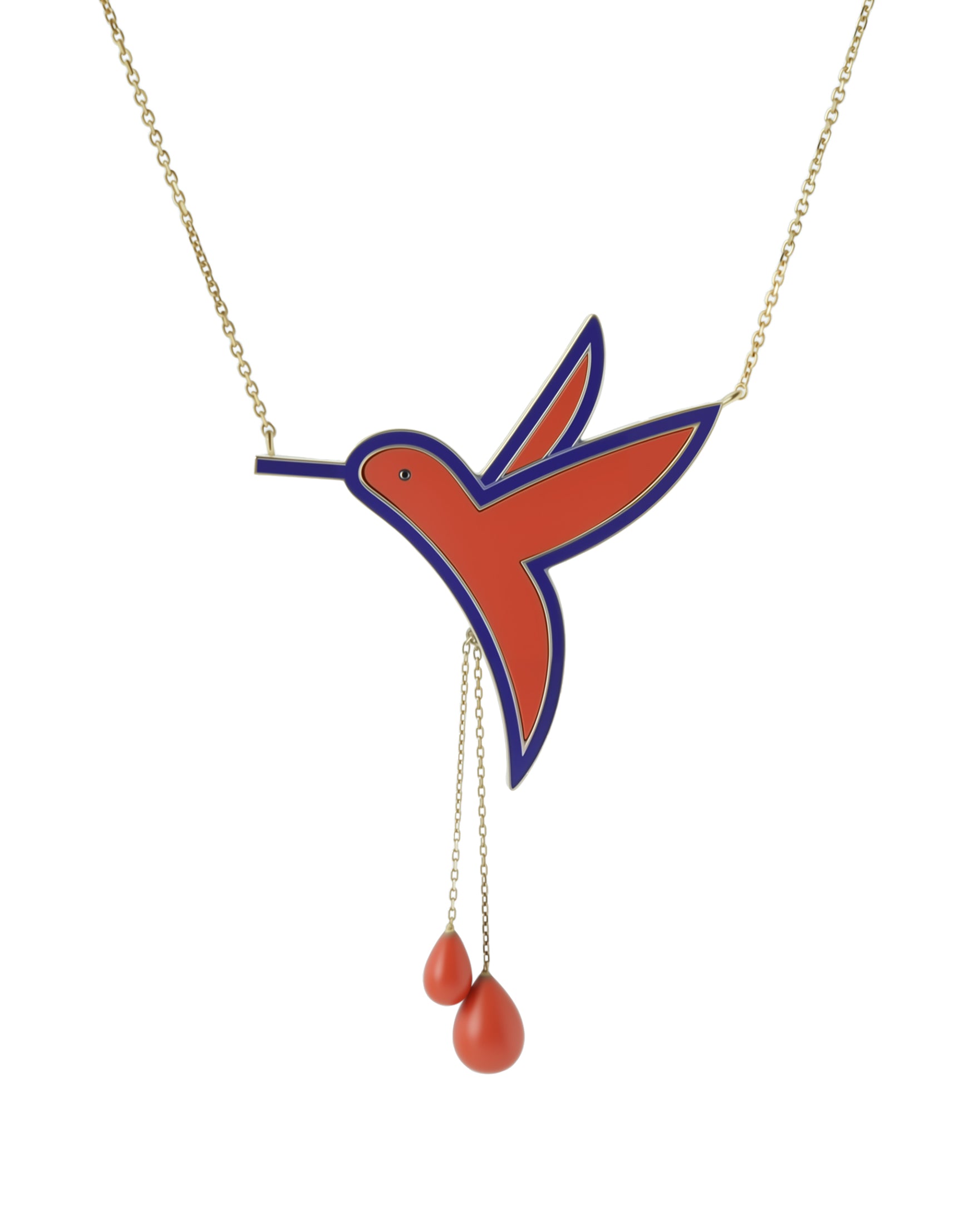 Humming Bird Necklace with Chains- Coral and Purple Enamel