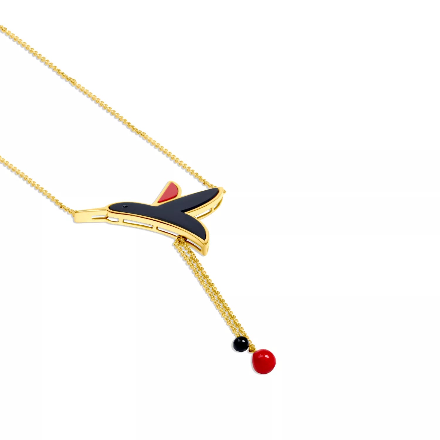 Black Onyx Pendant Necklace with Carnelian Hummingbird Design