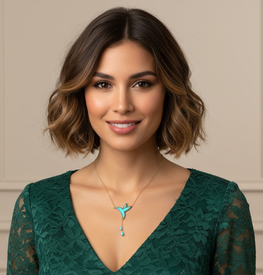 Hummingbird Necklace with Chains - Turquoise and Enamel