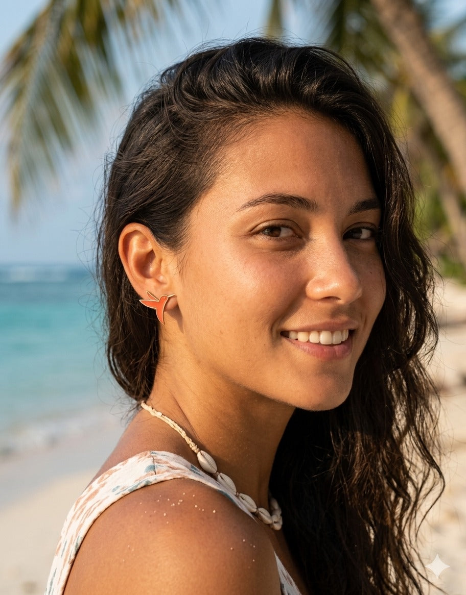 Humming Bird Earrings - Coral