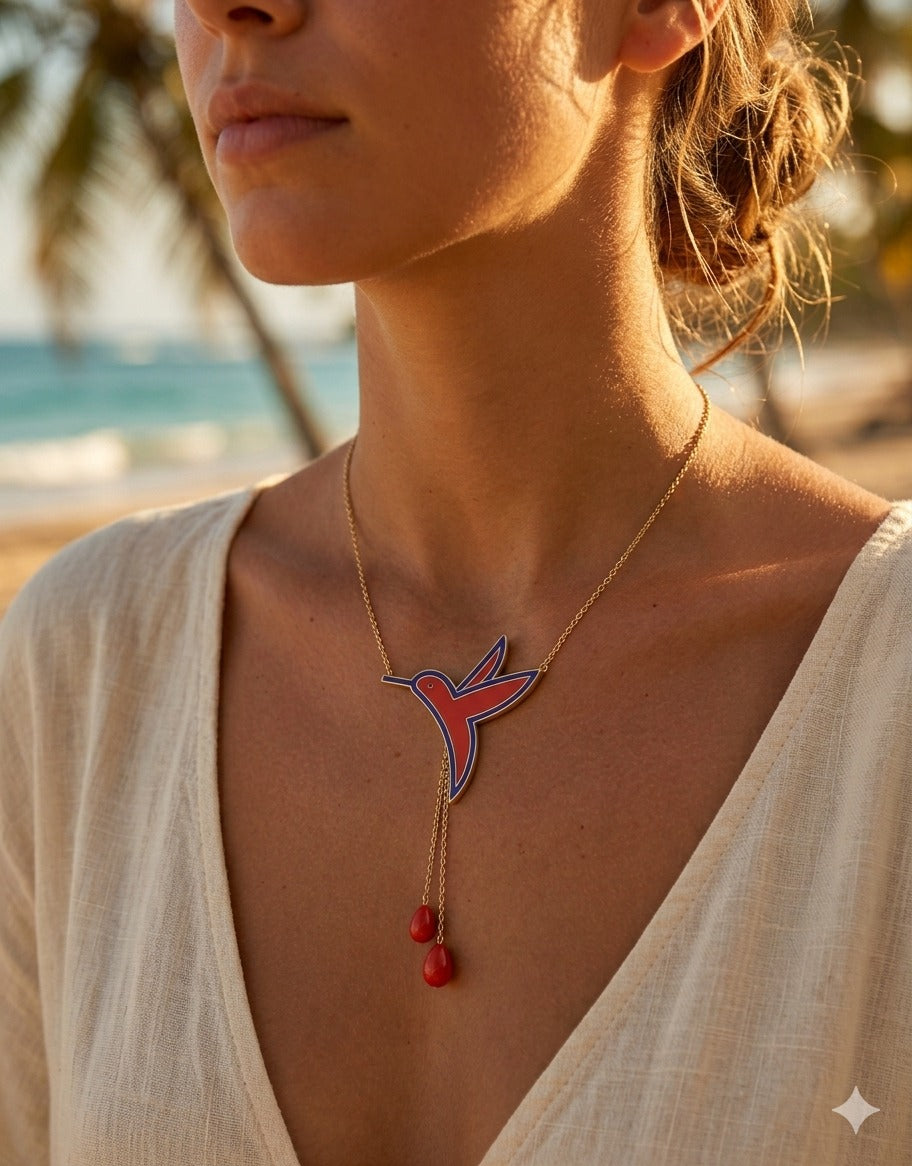 Humming Bird Necklace with Chains- Coral and Purple Enamel
