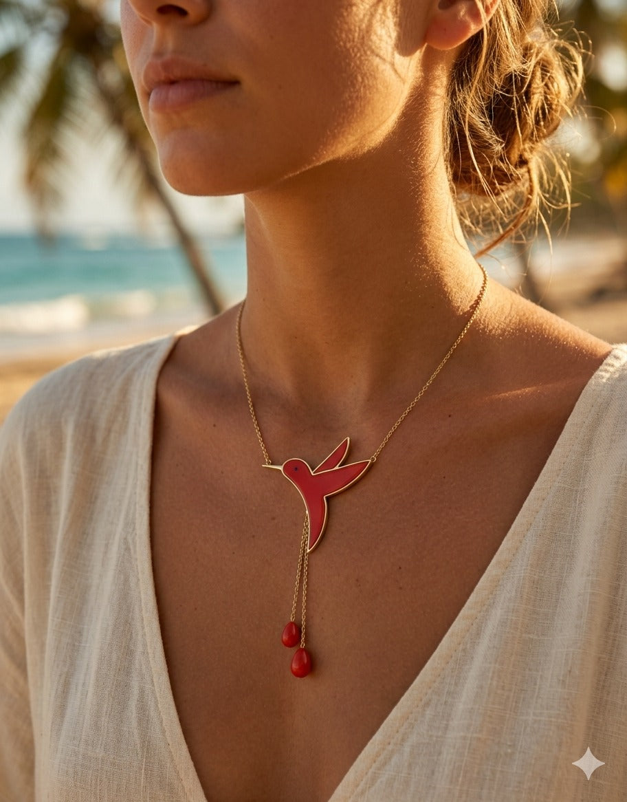 Humming Bird Necklace with Chains- Coral
