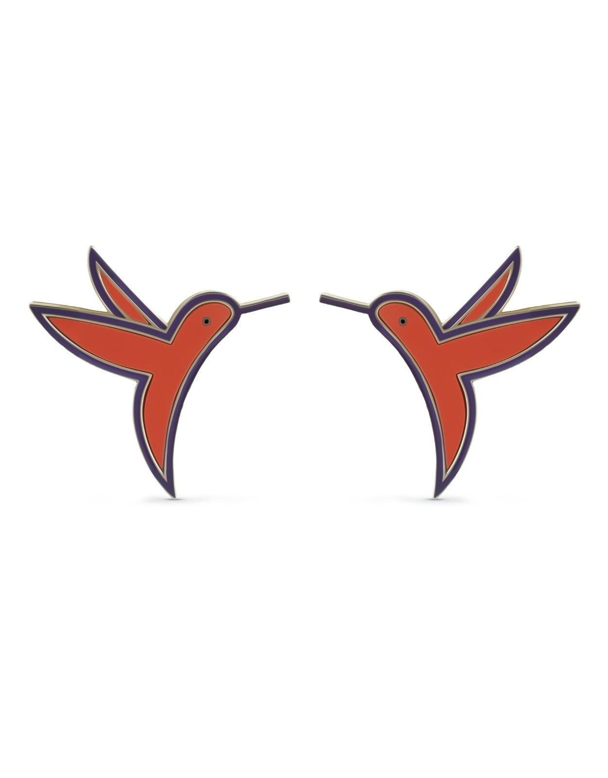 Humming Bird Earrings - Coral and Purple Enamel