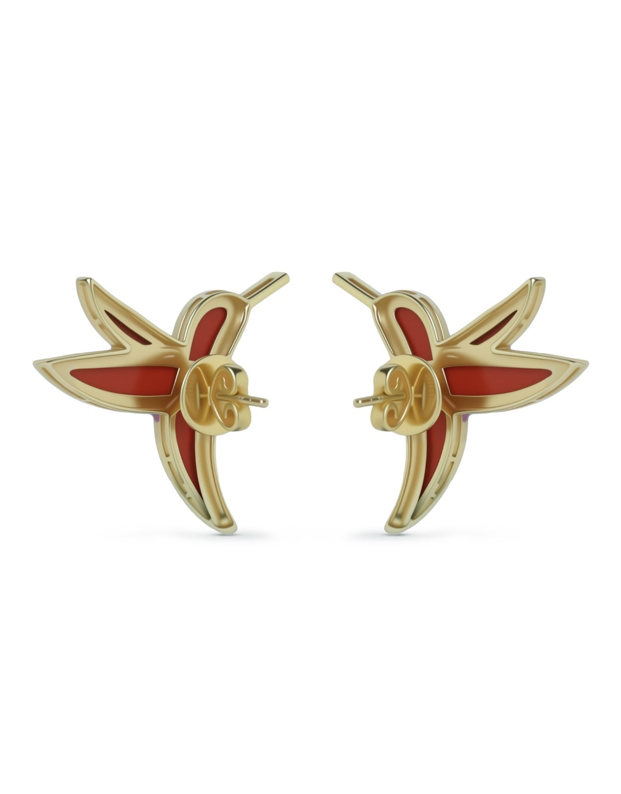 Humming Bird Earrings - Coral and Purple Enamel