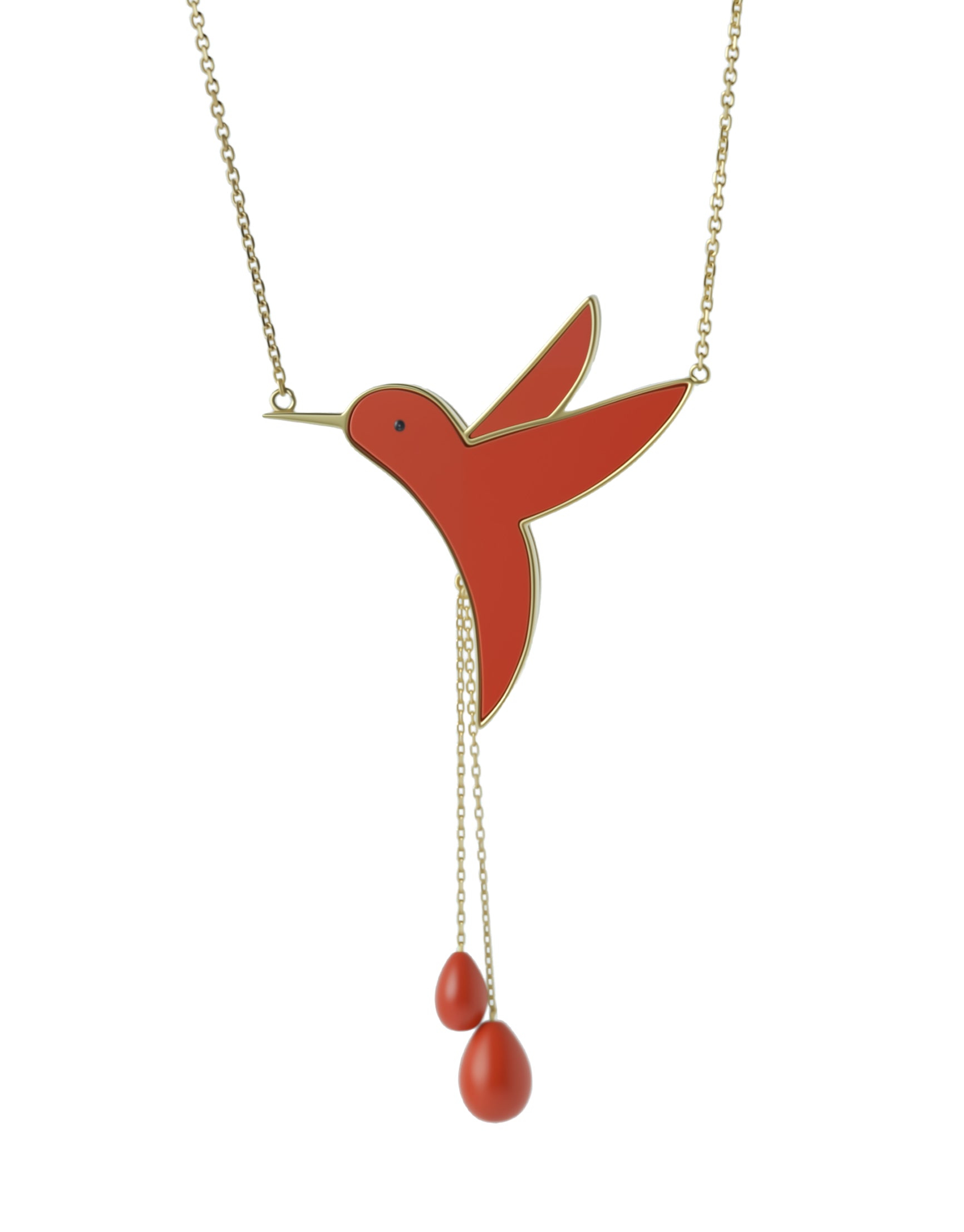 Humming Bird Necklace with Chains- Coral