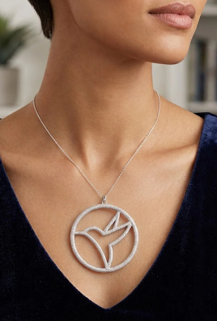 Humming bird iced medallion pendant -Silver